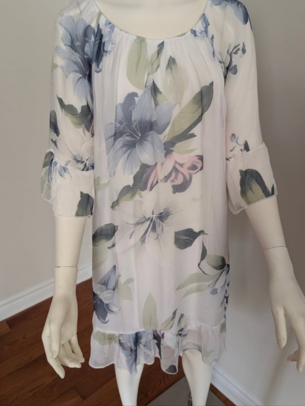 Silk Blend Floral Chiffon Shift Dress in Soft Pastels